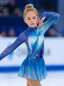 SHEIN Kids Tween Girl Tween Girl) Sports Figure Skating Dress, Light Blue With Shiny Crystal Print, High Elasticity Fitted Design, Flowing Mesh Skirt, Dance - Blue - View 2