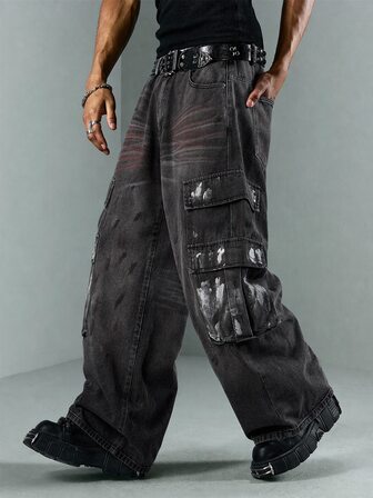 Nuevos vaqueros de mezclilla estilo vintage americano de calle y páramo con lavado sucio para hombres, pantalones de trabajo resistentes con lavado, arrugas, desgaste y múltiples bolsillos, pierna ancha y suelta hasta el suelo, pantalones largos casuales de calle con estilo retro desgastado y lavado, pantalones largos sueltos y estilizados