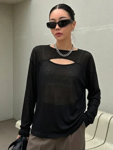DAZY Women's Solid Color Cutout Design Crew Neck Long Sleeve Casual Top School - Black - View 6