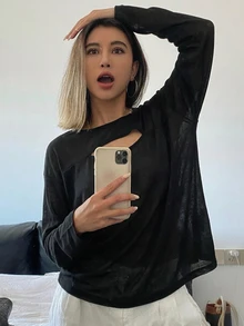 DAZY Women's Solid Color Cutout Design Crew Neck Long Sleeve Casual Top School - Black - View 5