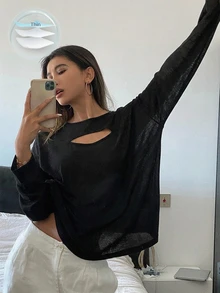 DAZY Women's Solid Color Cutout Design Crew Neck Long Sleeve Casual Top School - Black - View 3