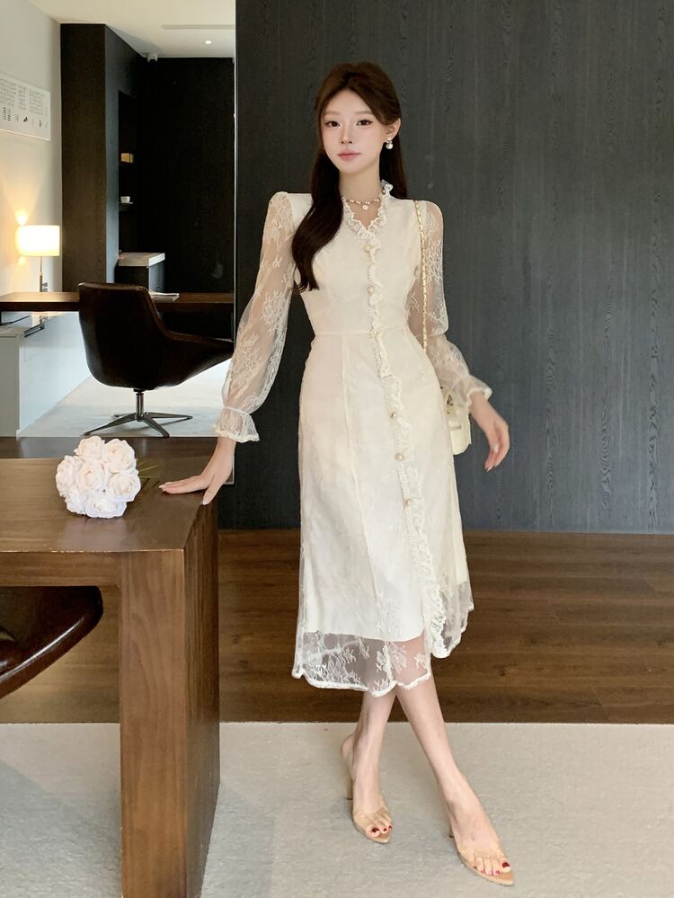 DAZY Elegant Lace Patchwork Stand Collar Frill Trim Midi Dress For Women, Autumn Sundress - Beige - View 8