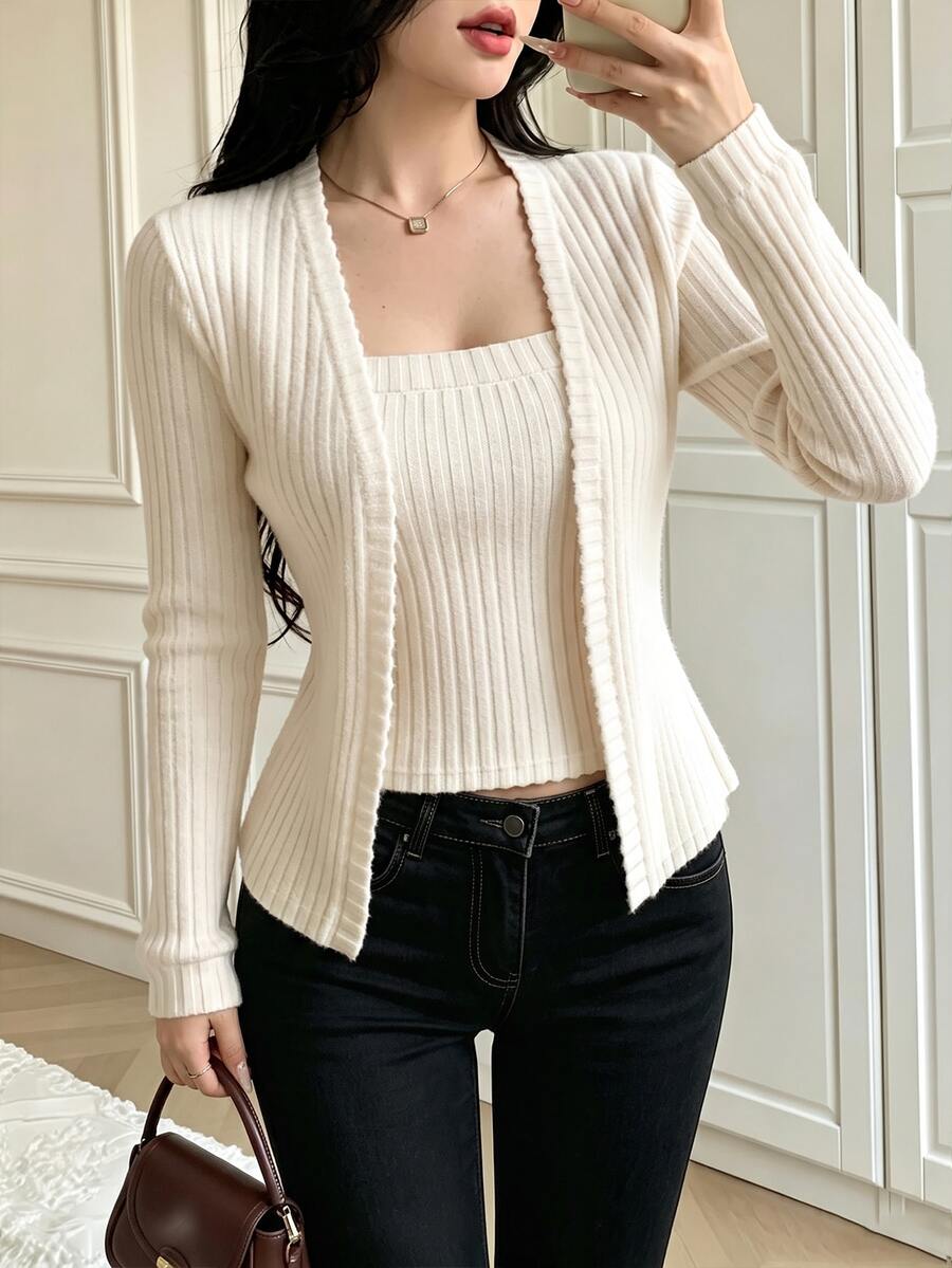 Celisse Set Pakaian Dalam Wanita Berwarna Polos dan Kardigan Lengan Panjang - Aprikot - View 1