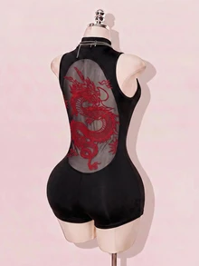 SHEIN ICON 女款性感龍圖案網紗拼接緊身連身衣 - 彩色 - 查看 9