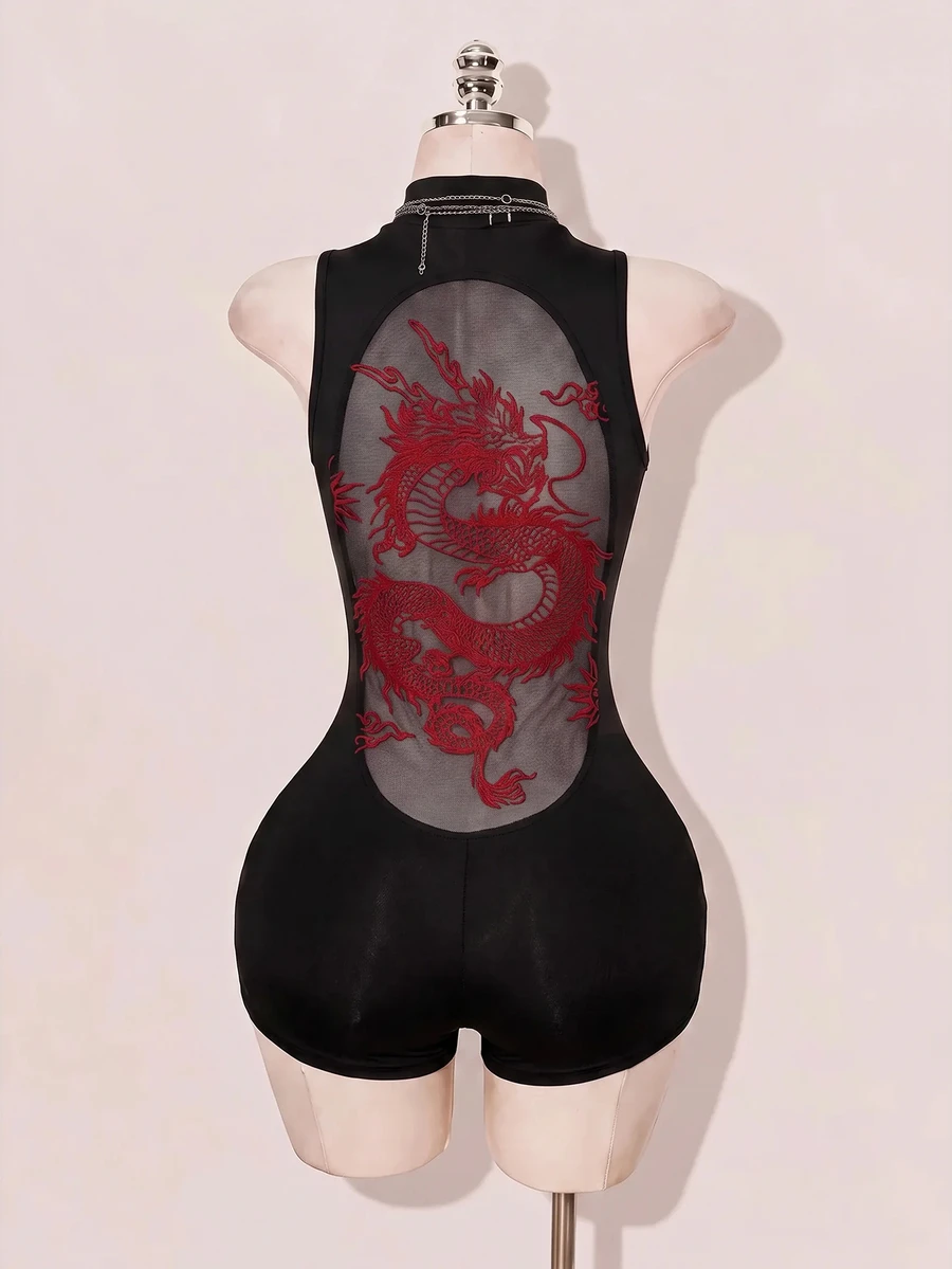 SHEIN ICON 女款性感龍圖案網紗拼接緊身連身衣 - 彩色 - 查看 1