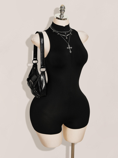 SHEIN ICON ชุดรอมเปอร์ยูนิแทร์ดผู้หญิงแบบรัดรูป เซ็กซี่ ลายมังกร ผ้าตาข่ายต่อผ้า