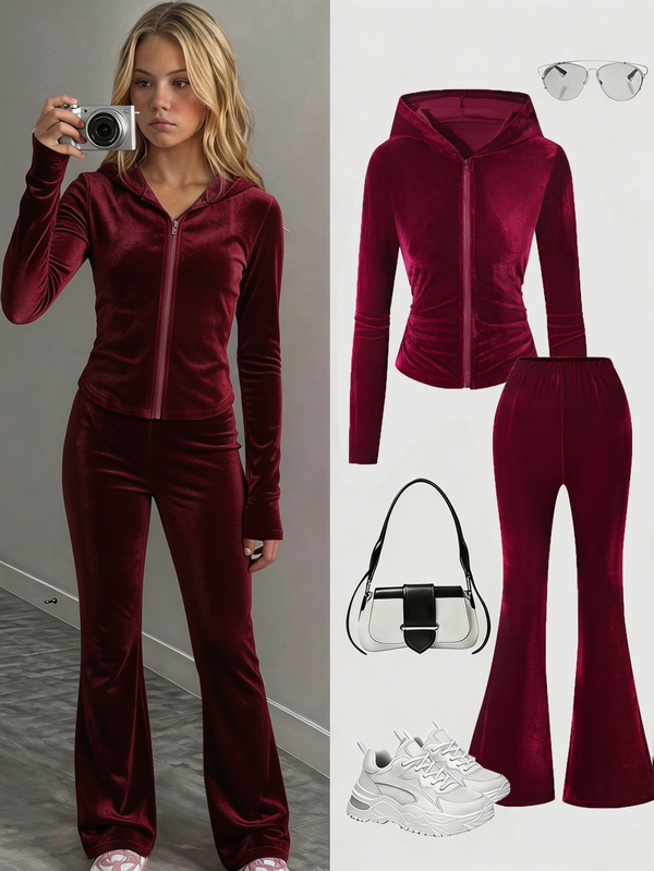 Teen Girls Zipper Hoodies 2-Piece Set,Minimalist, Knit,Flare,Vintage,Slim,Fall Clothes, Fall Gym Yoga  Girls Outfit Sets Polka Dots Tights Y2k, Ruched