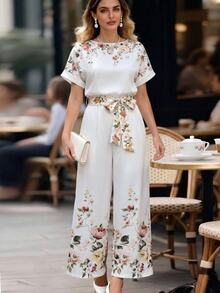 Editum Women's Elegant White Floral Print V-Neck Tie-Waist Short Sleeve Wide Leg Jumpsuit,Summer Holiday Vacation,Suitable For Shopping Tea Party Commuting - Multicolor - View 4