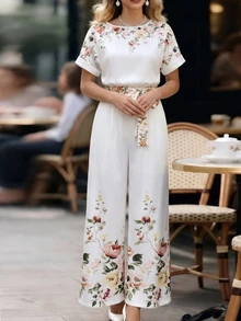 Editum Women's Elegant White Floral Print V-Neck Tie-Waist Short Sleeve Wide Leg Jumpsuit,Summer Holiday Vacation,Suitable For Shopping Tea Party Commuting - Multicolor - View 5
