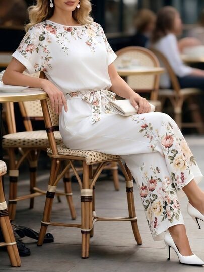 Editum Women's Elegant White Floral Print V-Neck Tie-Waist Short Sleeve Wide Leg Jumpsuit,Summer Holiday Vacation,Suitable For Shopping Tea Party Commuting