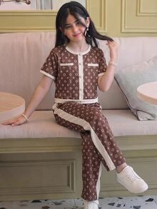 SHEIN 兒童青少年女孩針織圓領休閒T恤與寬鬆休閒長褲2件套 - 棕色 - 查看 2