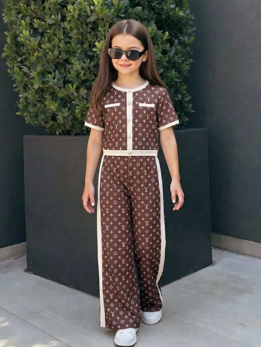 SHEIN 兒童青少年女孩針織圓領休閒T恤與寬鬆休閒長褲2件套 - 棕色 - 查看 1