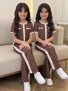 SHEIN 兒童青少年女孩針織圓領休閒T恤與寬鬆休閒長褲2件套 - 棕色 - 查看 3