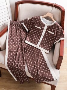 SHEIN 兒童青少年女孩針織圓領休閒T恤與寬鬆休閒長褲2件套 - 棕色 - 查看 4