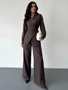 Firerie 棕色條紋襯衫與長褲套裝 秋冬優雅休閒 度假 正式商務 法式外出 典禮 奢華返校 婚禮 - 棕色 - 查看 5
