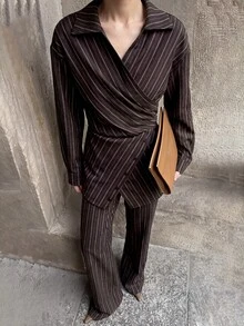 Firerie 棕色條紋襯衫與長褲套裝 秋冬優雅休閒 度假 正式商務 法式外出 典禮 奢華返校 婚禮 - 棕色 - 查看 2
