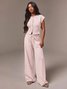 Athîral Women's Solid Color Single-Breasted Knit Cardigan And Knit Pants Set, Casual Commute Outfit - Baby Pink - View 3
