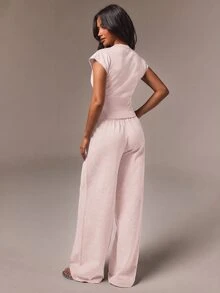 Athîral Women's Solid Color Single-Breasted Knit Cardigan And Knit Pants Set, Casual Commute Outfit - Baby Pink - View 2