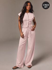 Athîral Women's Solid Color Single-Breasted Knit Cardigan And Knit Pants Set, Casual Commute Outfit - Baby Pink - View 5
