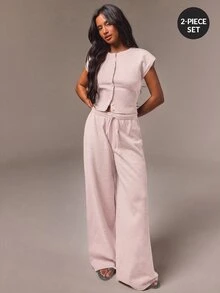 Athîral Women's Solid Color Single-Breasted Knit Cardigan And Knit Pants Set, Casual Commute Outfit - Baby Pink - View 1