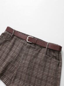Rometta Plus Size Women's Elegant Vintage Fashion Versatile Plaid Wool High Waist Slim Fit Casual Shorts, Suitable For Daily Outings, Workplace, Commuting, Formal Occasions. (Includes Belt) - Brown - View 4