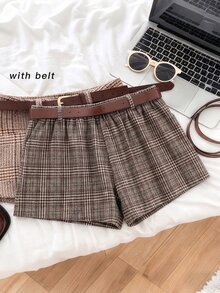 Rometta Plus Size Women's Elegant Vintage Fashion Versatile Plaid Wool High Waist Slim Fit Casual Shorts, Suitable For Daily Outings, Workplace, Commuting, Formal Occasions. (Includes Belt) - Brown - View 9