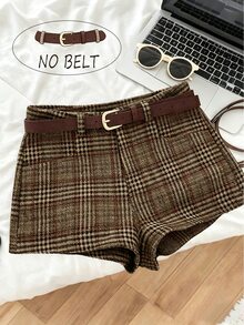 Rometta Plus Size Women's Elegant Vintage Fashion Versatile Plaid Wool High Waist Slim Fit Casual Shorts, Suitable For Daily Outings, Workplace, Commuting, Formal Occasions. (Includes Belt) - Brown - View 2