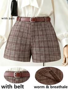 Rometta Plus Size Women's Elegant Vintage Fashion Versatile Plaid Wool High Waist Slim Fit Casual Shorts, Suitable For Daily Outings, Workplace, Commuting, Formal Occasions. (Includes Belt) - Brown - View 1