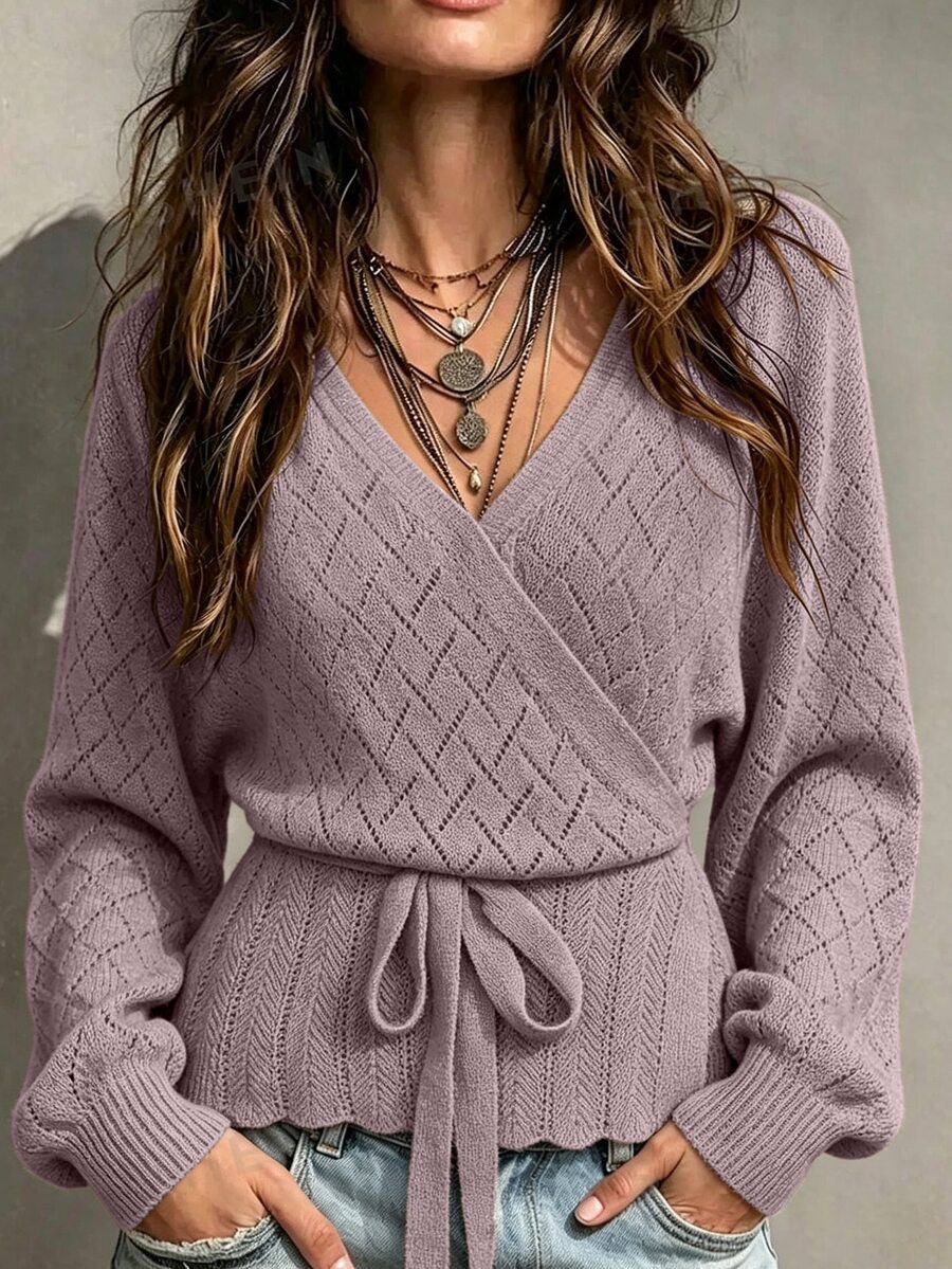 EMERY ROSE كارديجان محبوك بنقشة مربعية ذو رقبة متقاطعة وحزام ، بأكمام طويلة - أرجواني مغبر - مشاهدة 1
