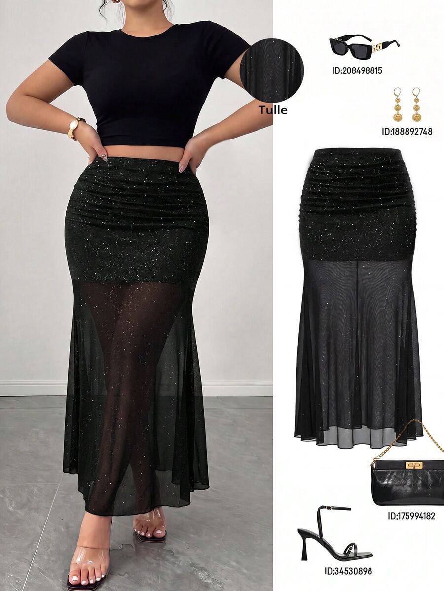 SHEIN LUNE CURVE Rok Mermaid Elegan Seksi untuk Wanita Ukuran Plus, Cocok untuk Pesta Malam Musim Semi dan Musim Panas, Warna Hitam - Hitam - View 1