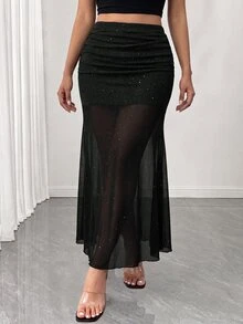 SHEIN LUNE CURVE Rok Mermaid Elegan Seksi untuk Wanita Ukuran Plus, Cocok untuk Pesta Malam Musim Semi dan Musim Panas, Warna Hitam - Hitam - View 6