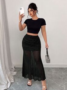 SHEIN LUNE CURVE Rok Mermaid Elegan Seksi untuk Wanita Ukuran Plus, Cocok untuk Pesta Malam Musim Semi dan Musim Panas, Warna Hitam - Hitam - View 5