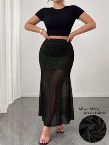 SHEIN LUNE CURVE Rok Mermaid Elegan Seksi untuk Wanita Ukuran Plus, Cocok untuk Pesta Malam Musim Semi dan Musim Panas, Warna Hitam - Hitam - View 3