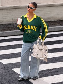 Muchica 女款綠色字母印花針織長袖休閒T恤 - 綠色 - 查看 6