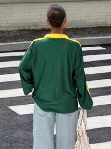 Muchica 女款綠色字母印花針織長袖休閒T恤 - 綠色 - 查看 3