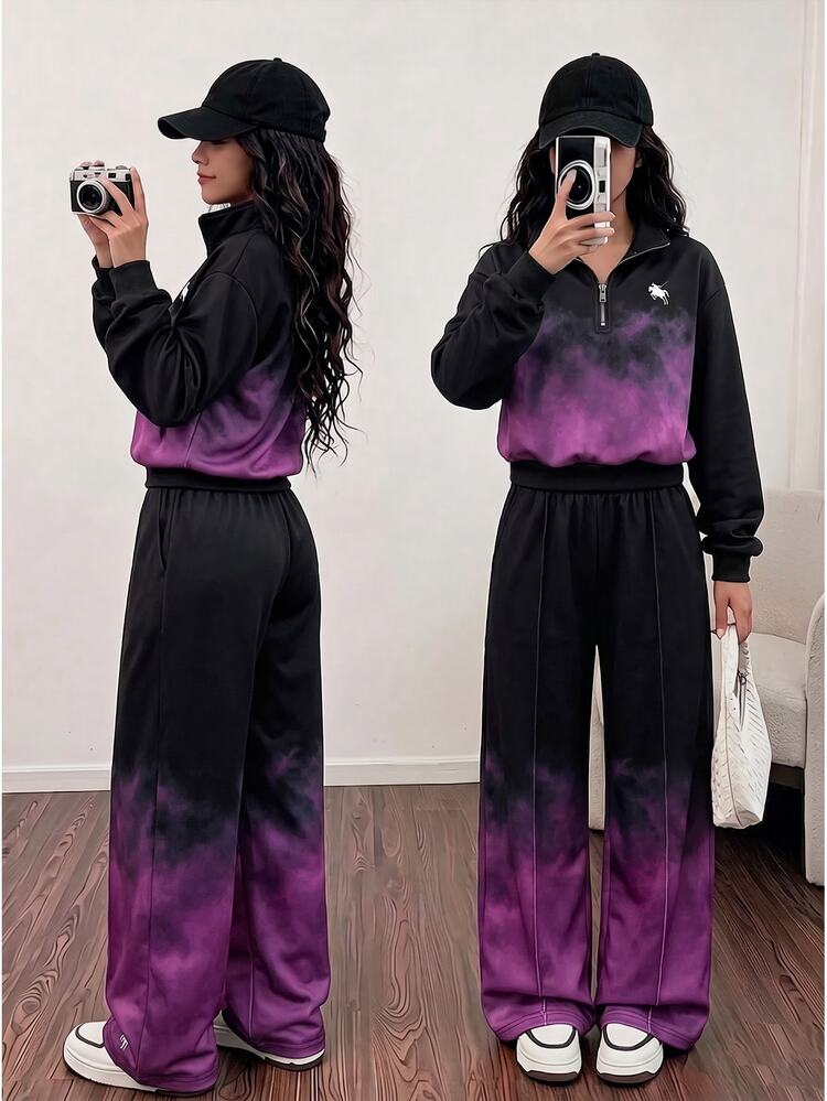 Tween Girls 2pcs Set Outerwear Co-Ords,Vintage Casual, Minimalist, Fall,Bow Tie Colorblock Jacket Cardigan Zipper Hoodies Fall Clothes Wide Leg Stripe - Multicolor - View 2