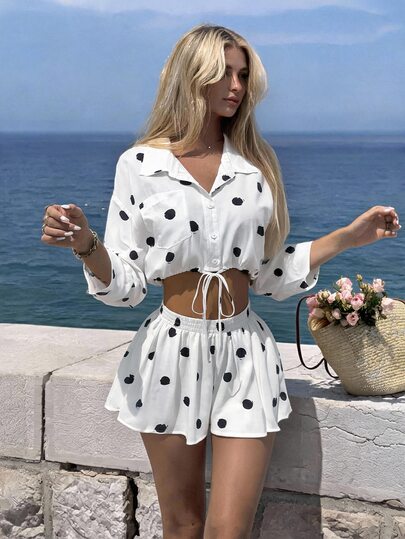 Soleia Women's Casual Sexy Vacation Black & White Polka Dot Shirt Top + Polka Dot Pleated Mini Skort 2 Pieces Set, Casual, Date, Afternoon Tea, Beach, Cruise Vacation, Road Trip, City Vacation, Music Festival Outfit, Party, Bohemian, Music Festival Outfit, Daily Commute, Streetwear, Suitable For Beach, Music Festival And Other Autumn Wear