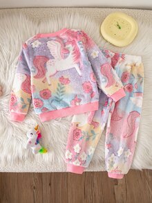 SHEIN 女童圓領卡通圖案長袖上衣與長褲休閒日常居家睡衣套裝 - 粉色 - 查看 4