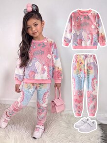 SHEIN 女童圓領卡通圖案長袖上衣與長褲休閒日常居家睡衣套裝 - 粉色 - 查看 2