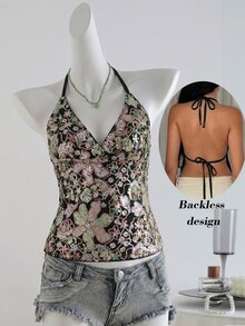 Glamine 女款黑色花卉亮片刺繡細肩帶露背背心，時尚性感度假上衣，泳池派對夜店深V掛脖夏季上衣 - 黑色 - 查看 9