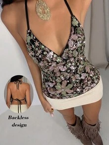 Glamine 女款黑色花卉亮片刺繡細肩帶露背背心，時尚性感度假上衣，泳池派對夜店深V掛脖夏季上衣 - 黑色 - 查看 4