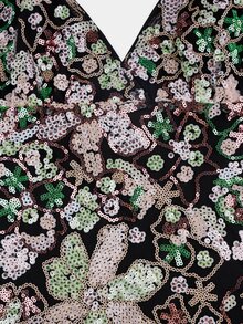 Glamine 女款黑色花卉亮片刺繡細肩帶露背背心，時尚性感度假上衣，泳池派對夜店深V掛脖夏季上衣 - 黑色 - 查看 10