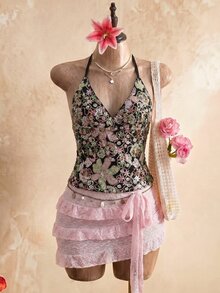 Glamine 女款黑色花卉亮片刺繡細肩帶露背背心，時尚性感度假上衣，泳池派對夜店深V掛脖夏季上衣 - 黑色 - 查看 11