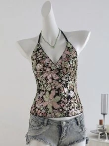 Glamine 女款黑色花卉亮片刺繡細肩帶露背背心，時尚性感度假上衣，泳池派對夜店深V掛脖夏季上衣 - 黑色 - 查看 3
