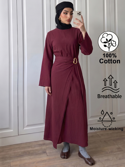 Elenzga Women's Solid Color Long Sleeve Mid-Length Casual Dress With Metal Waist Decoration