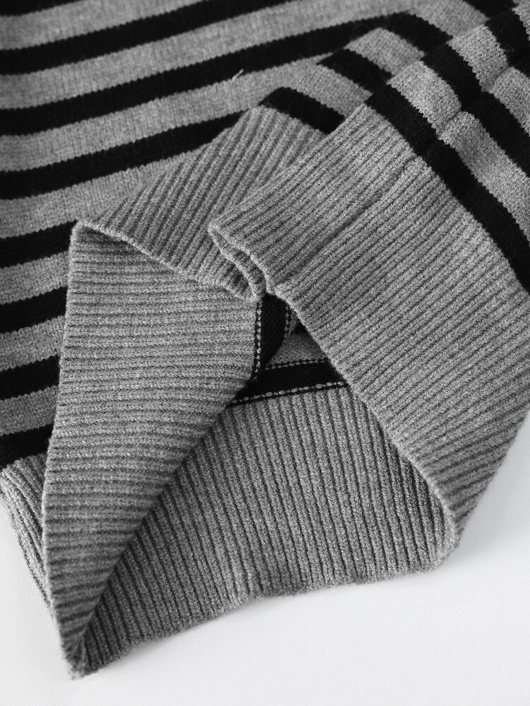 Coolane Grey Striped Women's V-Neck Long Sleeve Fitted Sweater - Grey - View 8