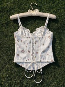 Comfortcana 女款花卉印花蕾絲飾邊修身背心上衣，適合約會與外出穿搭 - 白色 - 查看 2