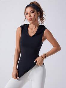 Easithlete Easithlete 女士运动连帽卫衣，瑜伽跑步健身锻炼无袖紧身休闲拼接网眼V领卫衣 - 黑色 - 查看 2