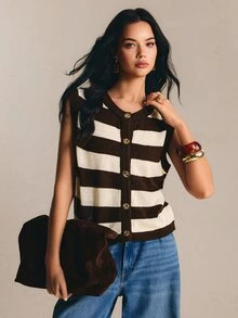 Poéselle 女款拼色單排扣休閒法式學院風日常上學針織背心 秋季 90年代復古經典優雅極簡棕色與奶油色 早午餐 - 咖啡棕 - 查看 8