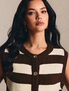 Poéselle 女款拼色單排扣休閒法式學院風日常上學針織背心 秋季 90年代復古經典優雅極簡棕色與奶油色 早午餐 - 咖啡棕 - 查看 5